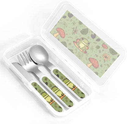 3-Piece Children Utensils Set Frogs and mushrooms Knife Spoon Fork Set Stainless Steel Silverware Set Easy-Grip Reusable Utensils Set Child Flatware Set with Case for Lunch Travel