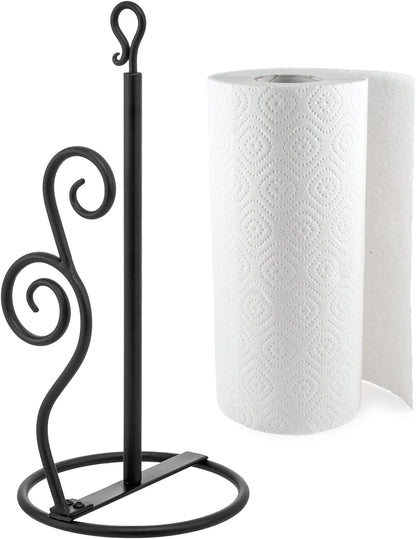 MyGift Rustic Burnt Solid Wood and Industrial Matte Black Metal Dining Combination Caddy with Paper Towel Roll Dispenser Stand, Napkin Holder, and Spice Rack