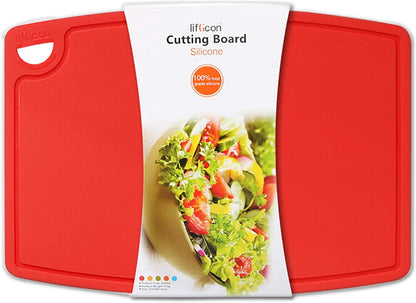 Liflicon Thick Cutting Boards for Kitchen Silicone Chopping Board Set of 2 Mid 12.6'' x 9.1”,Mini 9.1”x7.1” Non-slip Deep Drip Juice Groove Easy Grip Handle,Dishwasher Safe-Red