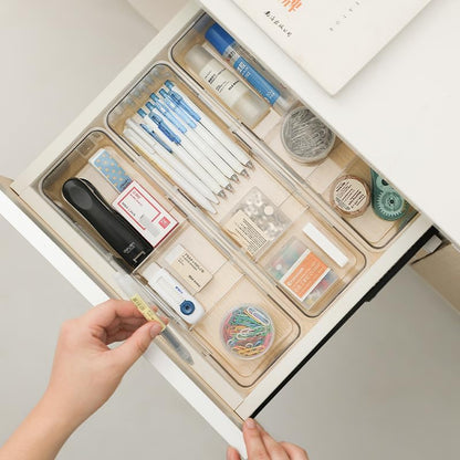 Expandable Desk Drawer Organizer Bins with Removable Dividers, Clear & Durable BPA-Free PET Plastic, for Vanity, Kitchen, Bathroom, Office, and Bedroom Storage, 3-Pack