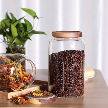 Large Glass Jar with Airtight Lid Set of 2 93 FL OZ(2750ml) glass canister set, Glass Food Containers Wooden Lid Suit for Kitchen Pantry for Flour, Tea, Coffee Beans, Sugar, Cookies(8.8 inch high)