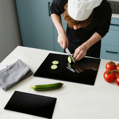 Hacaroa 4 Pack Tempered Glass Cutting Board with Rubber Feet, Rectangle Non-slip Chopping Board, Long Lasting Clear Glass Tray for Kitchen Countertop, Table, Shatter-Resistant, Heat-Resistant, 2 Size