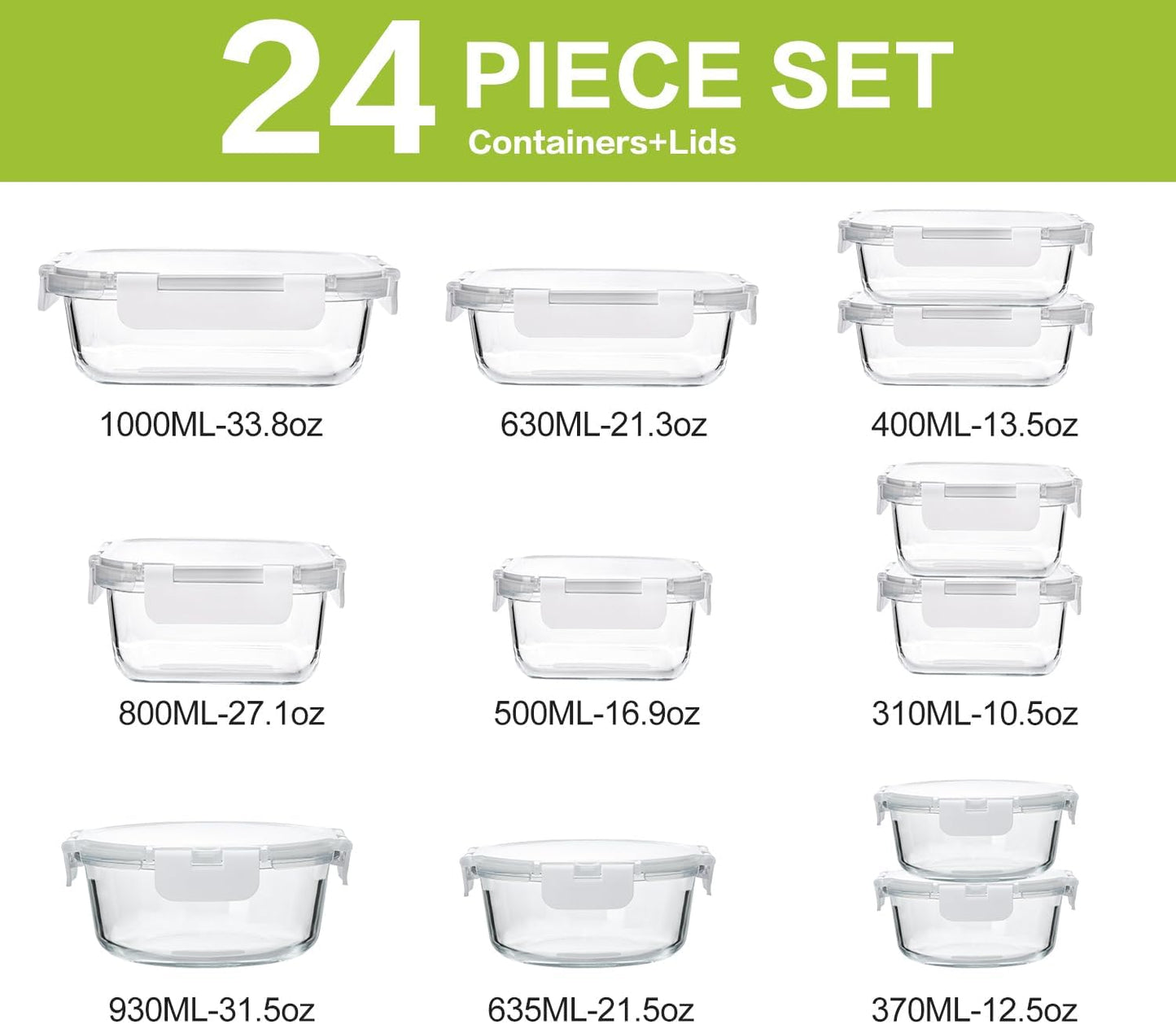 M MCIRCO 24-Piece Glass Food Storage Containers with Upgraded Snap Locking Lids,Glass Meal Prep Containers Set - Airtight Lunch Containers, Microwave, Oven, Freezer and Dishwasher