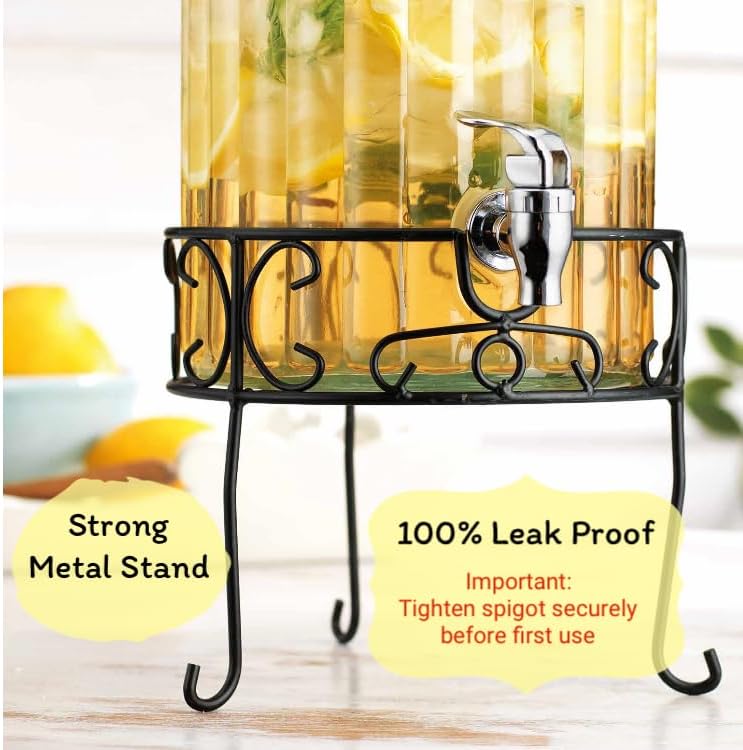 2 PACK 1.5 Gallon Drink dispenser, Glass Beverage Dispenser With Elegant Stand Stand, Drink Dispensers for Parties With Spigot 100% Leakproof. Perfect For Parties And Daily Use