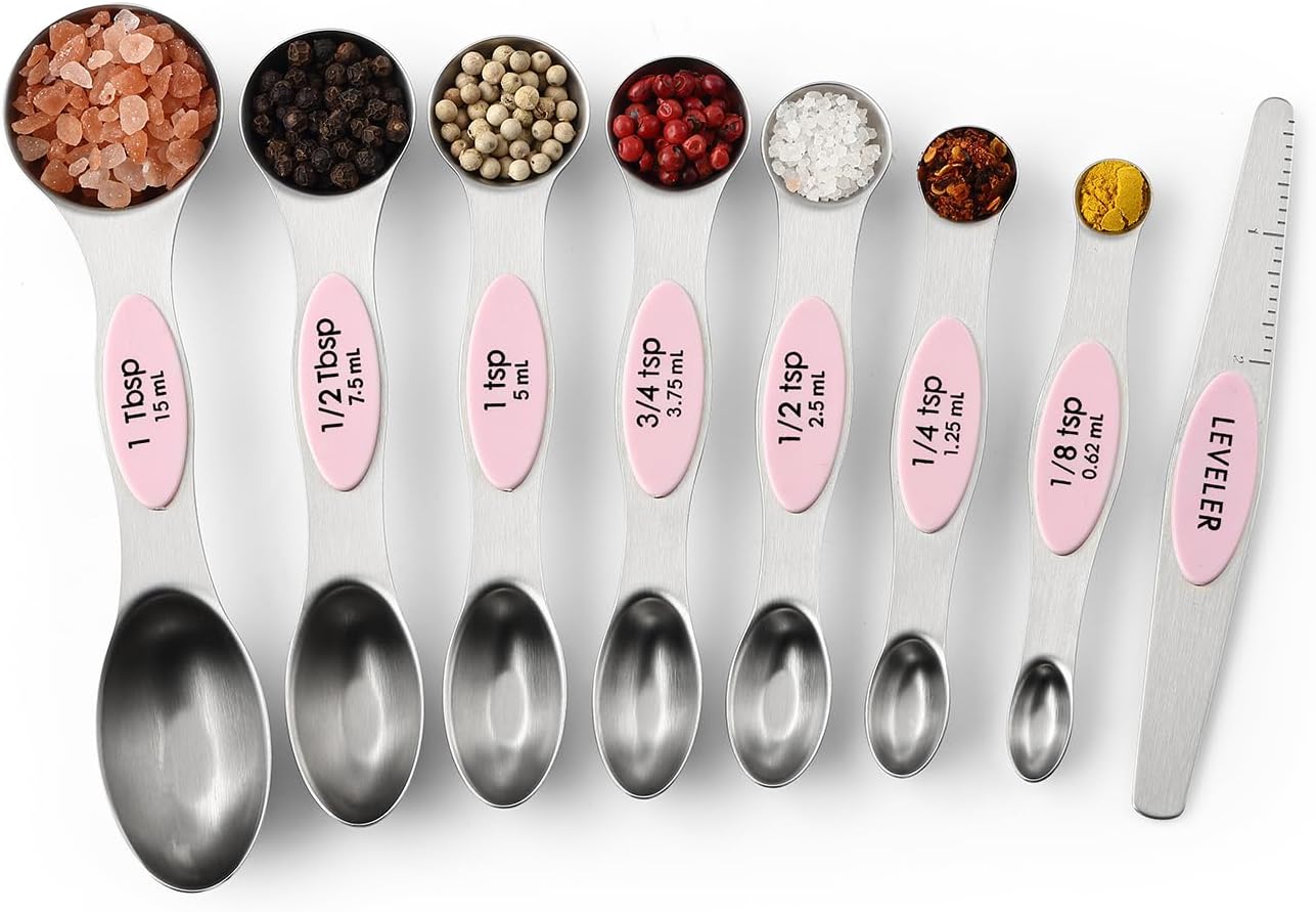 Spring Chef Stainless Steel Magnetic Measuring Spoons Set with Strong N45 Magnets, Heavy Duty Metal Kitchen Gadgets for Baking & Cooking, Fits in Most Kitchen Spice Jars, Set of 8 with Leveler, Black