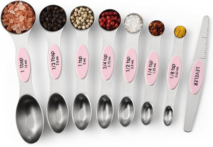 Spring Chef Stainless Steel Magnetic Measuring Spoons Set with Strong N45 Magnets, Heavy Duty Metal Kitchen Gadgets for Baking & Cooking, Fits in Most Kitchen Spice Jars, Set of 8 with Leveler, Black