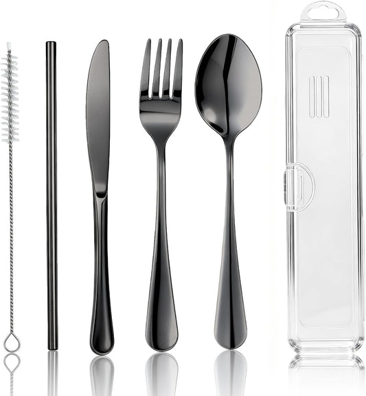 Travel Camping Utensils with Case, 6 Pcs Reusable Stainless Steel Silverware Cutlery Set, Spoon, Fork, Knife + Straw/Brush Kit for Camping, Travel, Office, Lunch Box, Eco On-the-Go (silver)