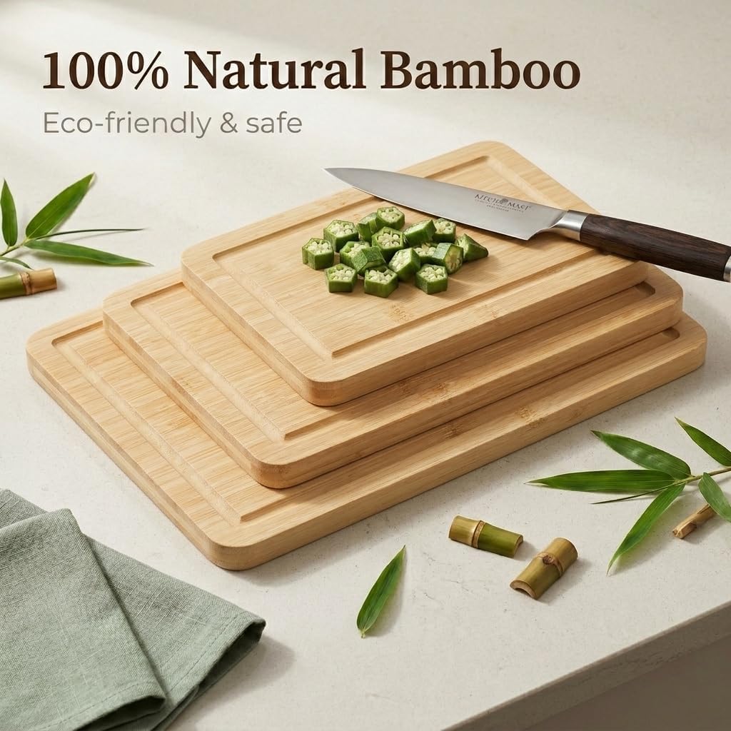 3-Piece Deep Carbonized Bamboo Cutting Board Set with Vertical Drying Stand | Wooden Chopping Boards for Kitchen | Extra Deep Juice Grooves & Easy-Carry Side Handles | Gift-Ready