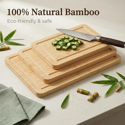 3-Piece Deep Carbonized Bamboo Cutting Board Set with Vertical Drying Stand | Wooden Chopping Boards for Kitchen | Extra Deep Juice Grooves & Easy-Carry Side Handles | Gift-Ready