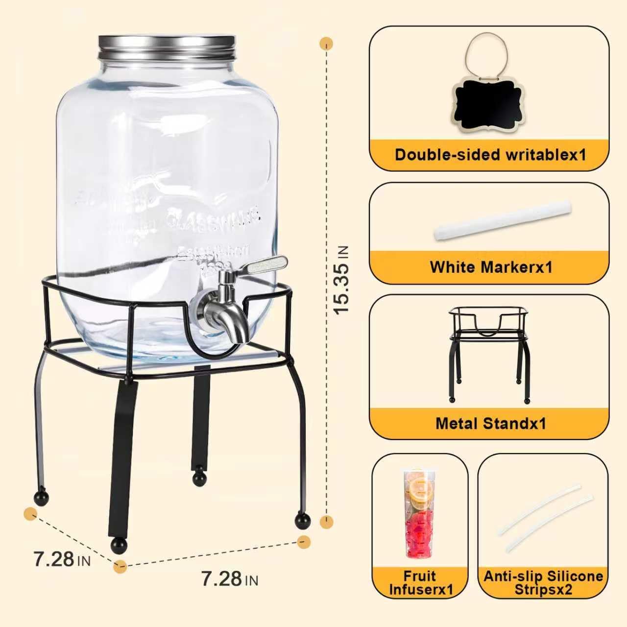 2 Pack1 Gallon Glass Drink Dispensers For Parties,Beverage Dispenser with Stand,304 Stainless Steel Spigot Leakproof,Lemonade Dispenser for Sun Tea, Homemade Juice
