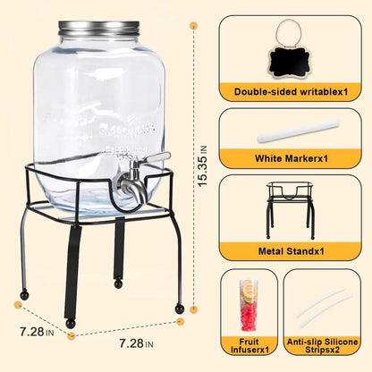 2 Pack1 Gallon Glass Drink Dispensers For Parties,Beverage Dispenser with Stand,304 Stainless Steel Spigot Leakproof,Lemonade Dispenser for Sun Tea, Homemade Juice