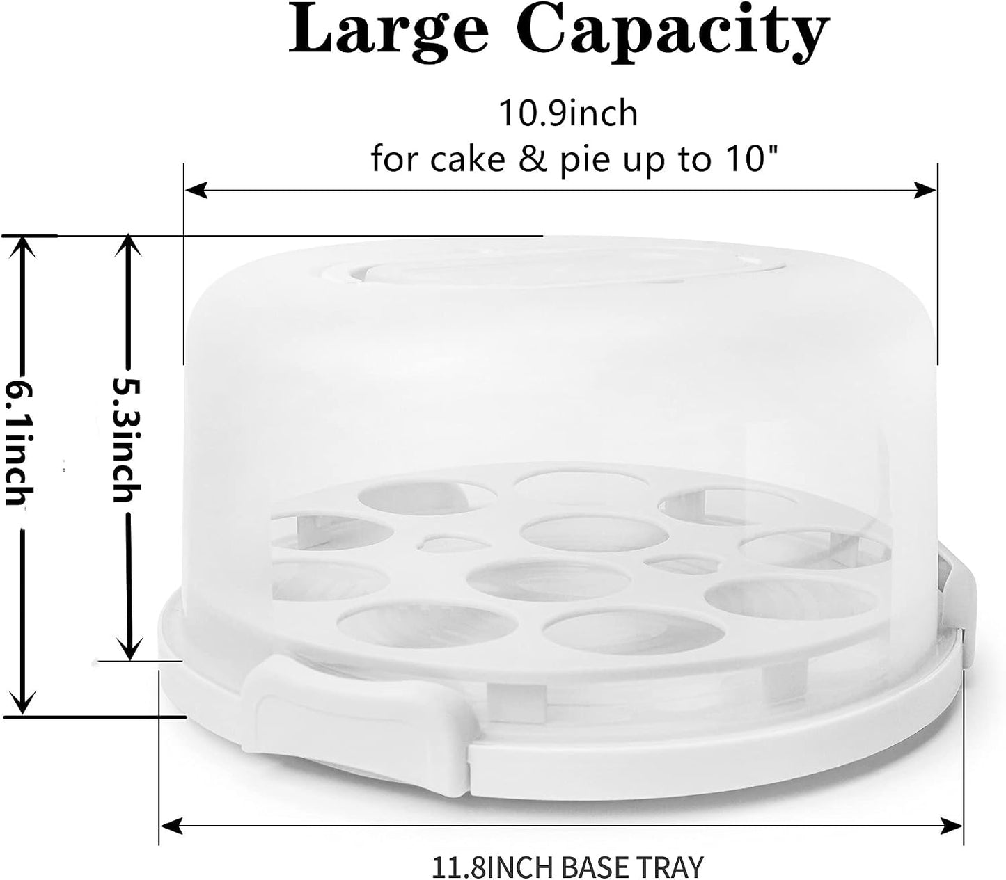 Portable Cake Carrier with Handle, Round Cupcake Holder with Lid, Plastic Storage Container Box fit 10 inch Cake, 3-Locking Muffin and Pies Keeper with Cover (White)