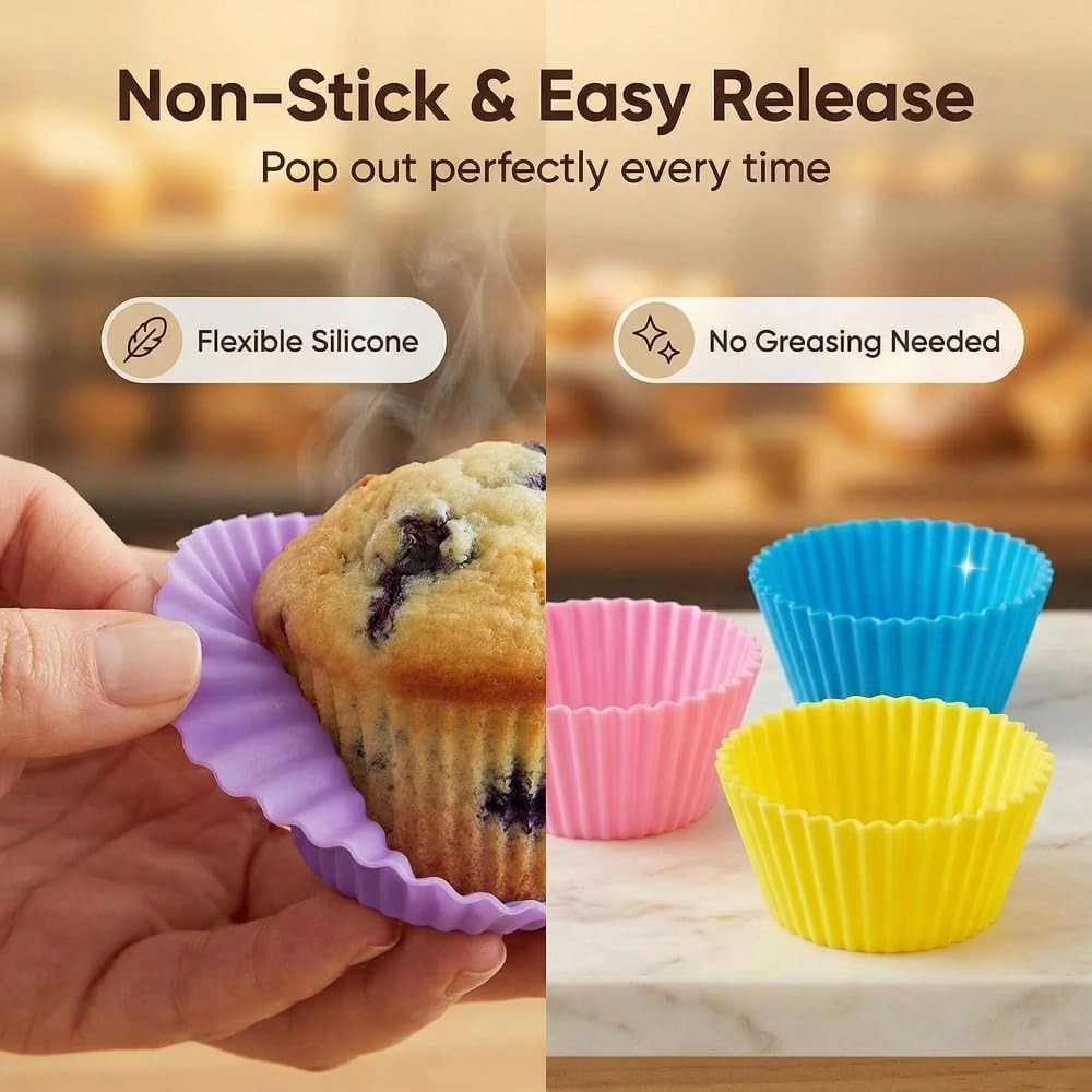 12-Pack Silicone Muffin Liners Reusable Baking Cups and Molds for Cupcake (6 Colors)