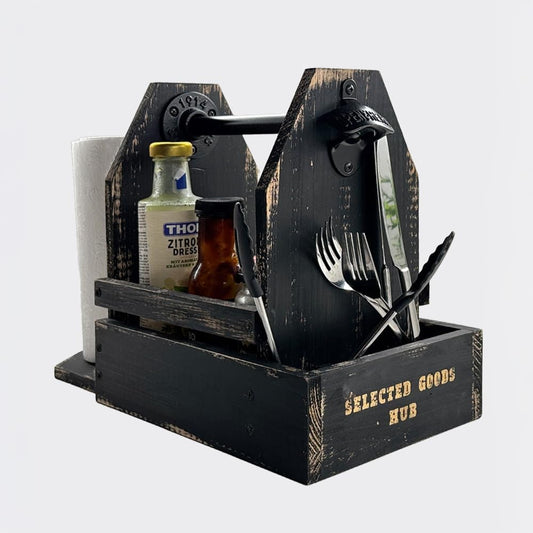 Wooden Grill Caddy Organizer - Versatile BBQ Caddy for Outdoor grill - Portable rustic wood condiment and paper towel holder with bottle opener for picnic and grilling