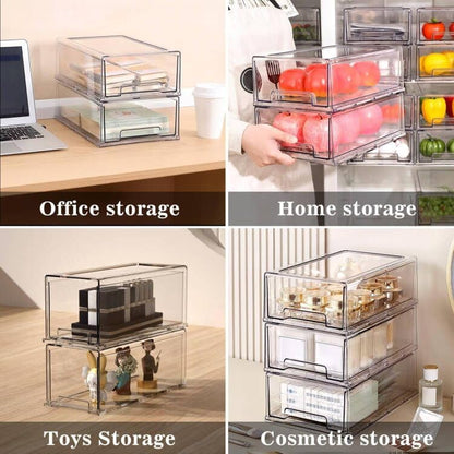 MANO 2Pack Clear Fridge Drawers Pull Out Stackable Refrigerator Drawer Organizer Bins Pantry Storage Box Plastic Food Containers for Kitchen Bathroom Office Closet(X-Small)