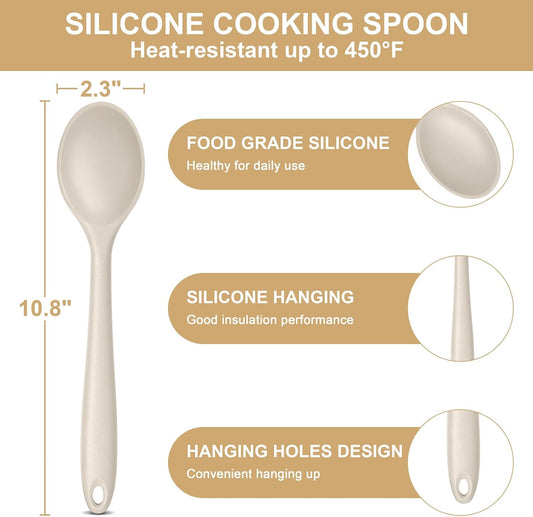 E-far Silicone Cooking Spoon Set of 2, Heat Resistant Kitchen Spoons Utensils Nonstick Mixing Spoon for Baking Stirring Serving, Non-Toxic & Dishwasher Safe (Khaki)