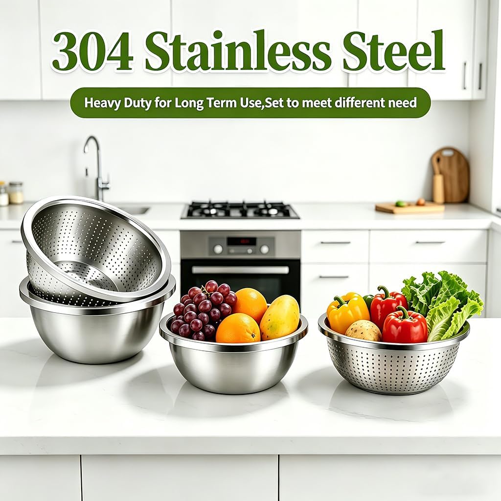 4-Piece Stainless Steel Mixing Bowls and Microporous Colanders Set, 3QT & 5QT Nesting Bowls with Fine Drain Strainers for Washing Rice, Fruits, Vegetables, Pasta, and More