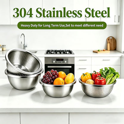 4-Piece Stainless Steel Mixing Bowls and Microporous Colanders Set, 3QT & 5QT Nesting Bowls with Fine Drain Strainers for Washing Rice, Fruits, Vegetables, Pasta, and More