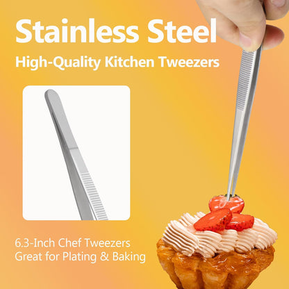 Plating Tweezers 6.3-Inch Culinary Kitchen Tweezer Tongs, Stainless Steel Chef Tweezers