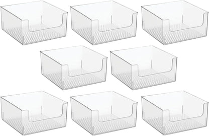 mDesign Plastic Modern Wide Open Front Dip Storage Organizer Bin Basket for Household Organization - Shelves, Cubby, Cabinet, and Closet Organizing Decor - Ligne Collection - 8 Pack - Clear