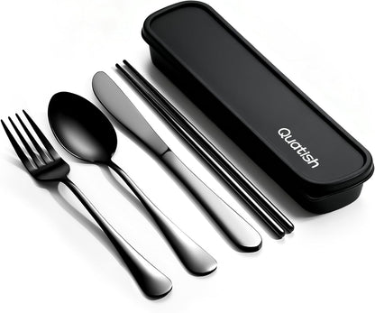Travel Utensils with Case, Quatish 5 Piece Stainless Steel Silverware Set for Work, Portable Reusable Travel Cutlery Set, Fork and Spoon Set for Picnic, Camping, Gadgets, Lunch Box for Men, Rainbow