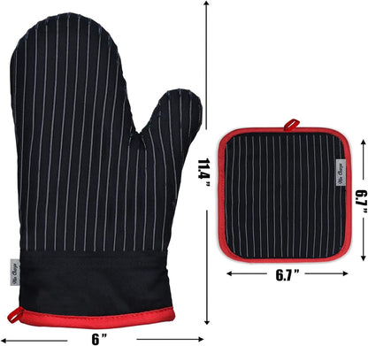 Oven Mitts and Pot Holders Sets,6 Pcs Oven Mitts and Potholders with Recycled Cotton High Heat Resistant Extra Thick Long Oven Mitts for Cooking(Black)