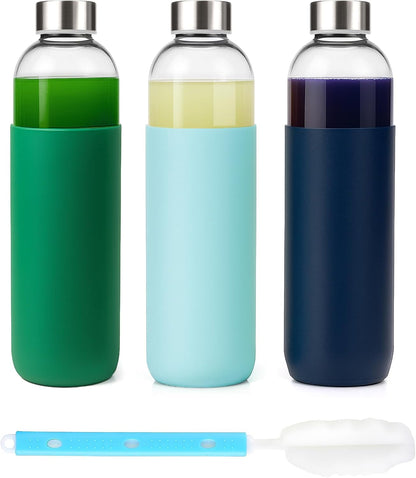 Clear Glass Bottles with Lids 18 oz, Reusable Glass Water Bottles with Stainless Steel Cap for Refrigerator, Juicing, 100% Leak Proof, BPA Free, Juice Bottle Drinking Jar Containers Set of 6