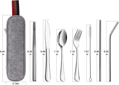 DEVICO Camping Utensils, 8-Piece Full-Size Reusable Silverware for Lunch Adult, Stainless Steel Portable Fork Spoon Knife Set for Work, Travel Cutlery Set with Case and Chopsticks Straws (Rainbow)
