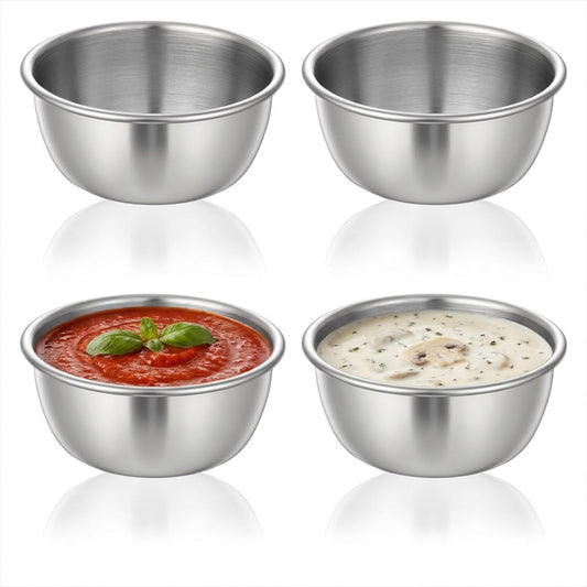 4 Pcs Small Mixing Bowls Stainless Steel Ingredient Bowls Soy Sauce Dishes Mini Prep Bowl Individual Round Seasoning Salsa Dip Bowl Reusable for Appetizer(2.36inch, 1.7oz, Silver)