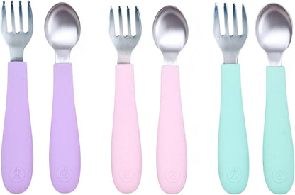 Kids Stainless Steel Utensils Set - Premium 18/8 Grade Silverware Kit - 2 Spoons, 2 Forks, and 2 Knives for Ages 4-7 - Silicone Easy-Grip Handles - Children Flatware Cutlery (Matte - Pink, Off White)