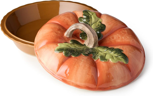 Harvest Fields 3D Pumpkin Covered Pie Carrier – 10.5” Ceramic Pie Dish with Lid – Perfect for Baking, Storing & Serving Pies, Quiches & Holiday Desserts – Festive Thanksgiving Bakeware