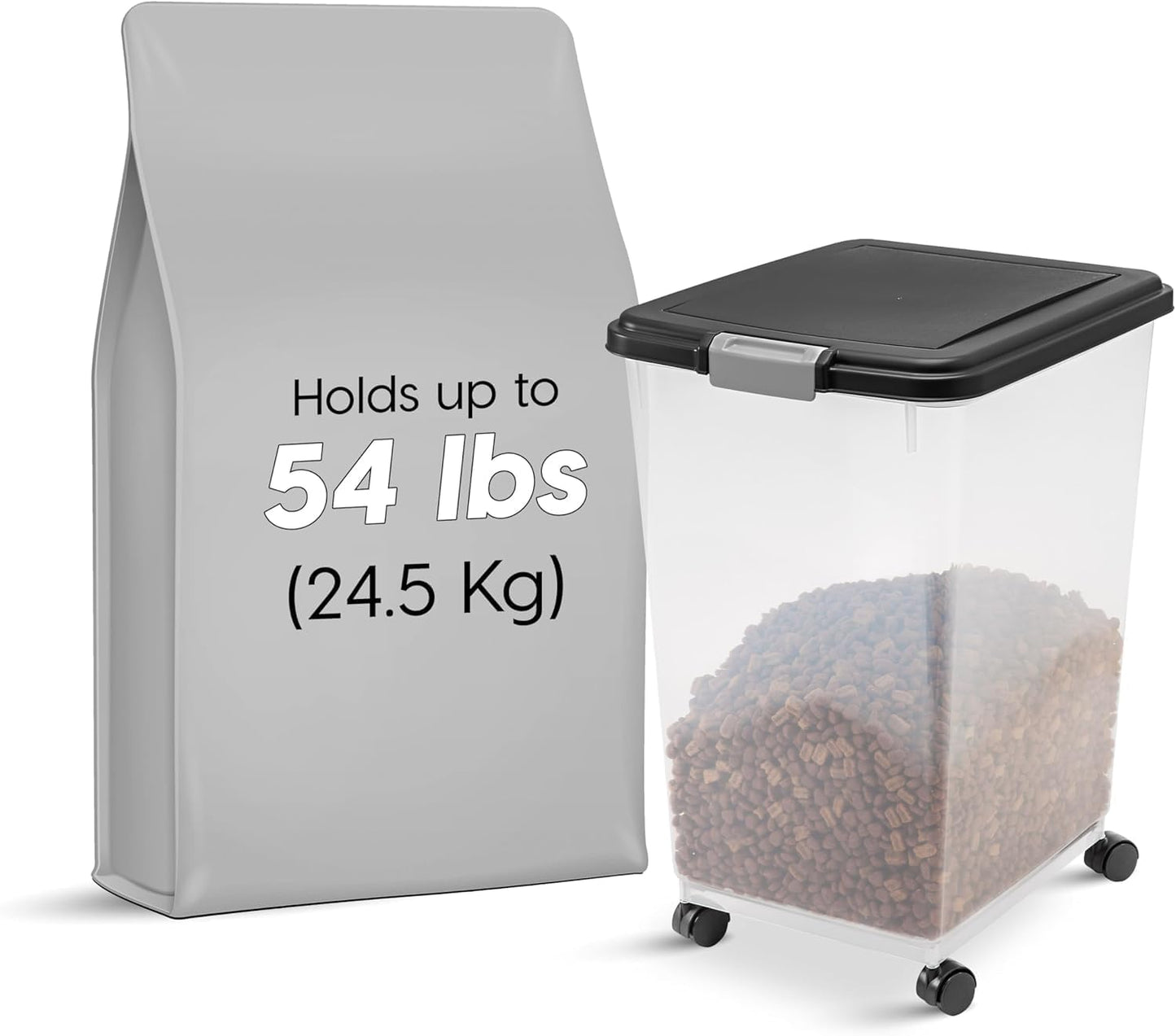 IRIS USA Airtight Dog Food Storage Container, Up to 30 lbs, Attachable Wheels, for Dog Cat Bird and other Pet Food Storage Bin, Keep Fresh, Easy Mobility, BPA Free, Black