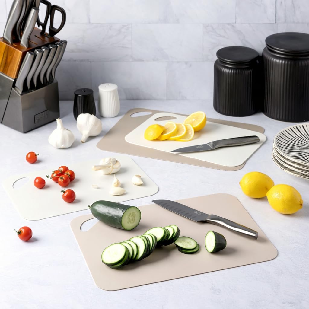 4-Piece Cutting Mats Set, Poly Kitchen Cutting Boards with Non-Slip Surface, Small & Medium Sizes for Food Prep, Flexible & Lightweight, Cream