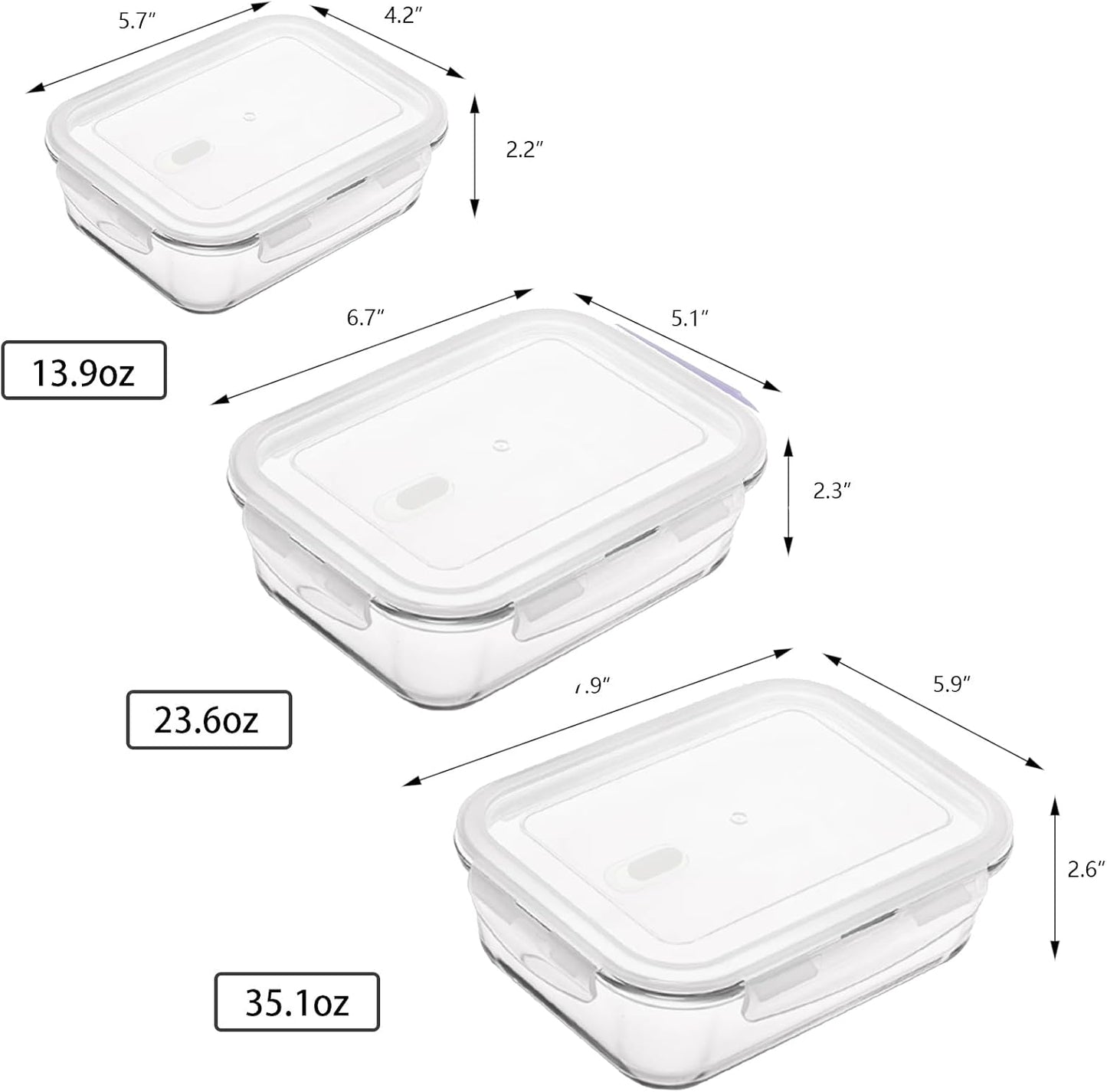 6 Pieces Rectangle Glass Food Storage Containers with Lids, Meal Prep Containers for Food Storage, BPA Free & Leak Proof (3 lids & 3 Containers) 13.9oz, 24oz, 35oz (Pink)