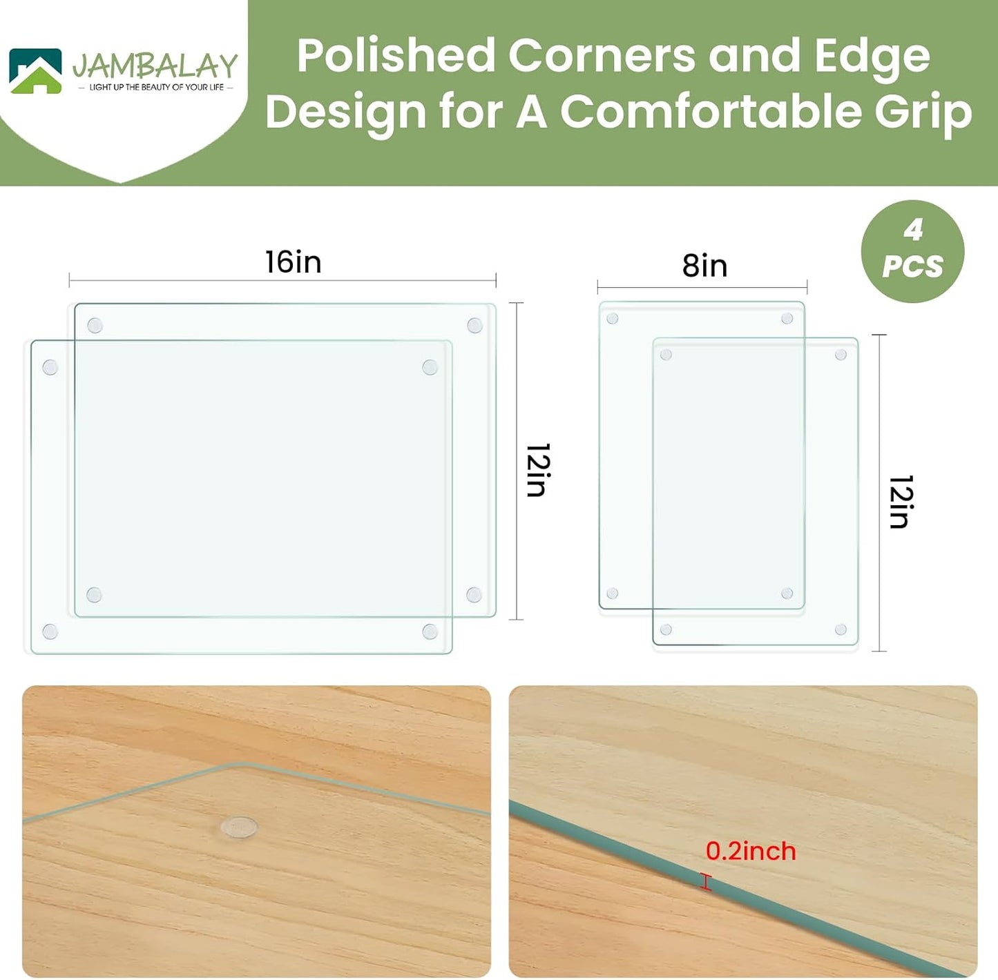 JAMBALAY Tempered Glass Cutting Boards for Kitchen, 16"x12" Clear Glass Cutting Board Set, 2Pcs Chopping Board with Rubber Non Slip Feet, Heat Resistant, Shatter Resistant, Dishwasher Safe