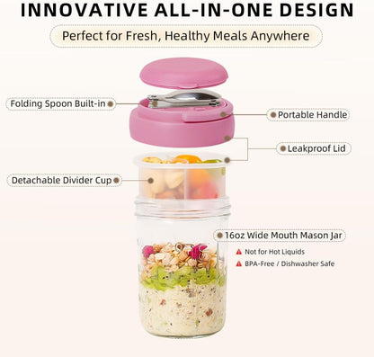 2 Pack Overnight Oats Containers with Lids and Handles, Folding Spoons & Divided Compartments for Fruit & Nuts, 16oz Mason Jars for Oatmeal Yogurt Container Chia Pudding Jars with lids (Cream 2pcs)