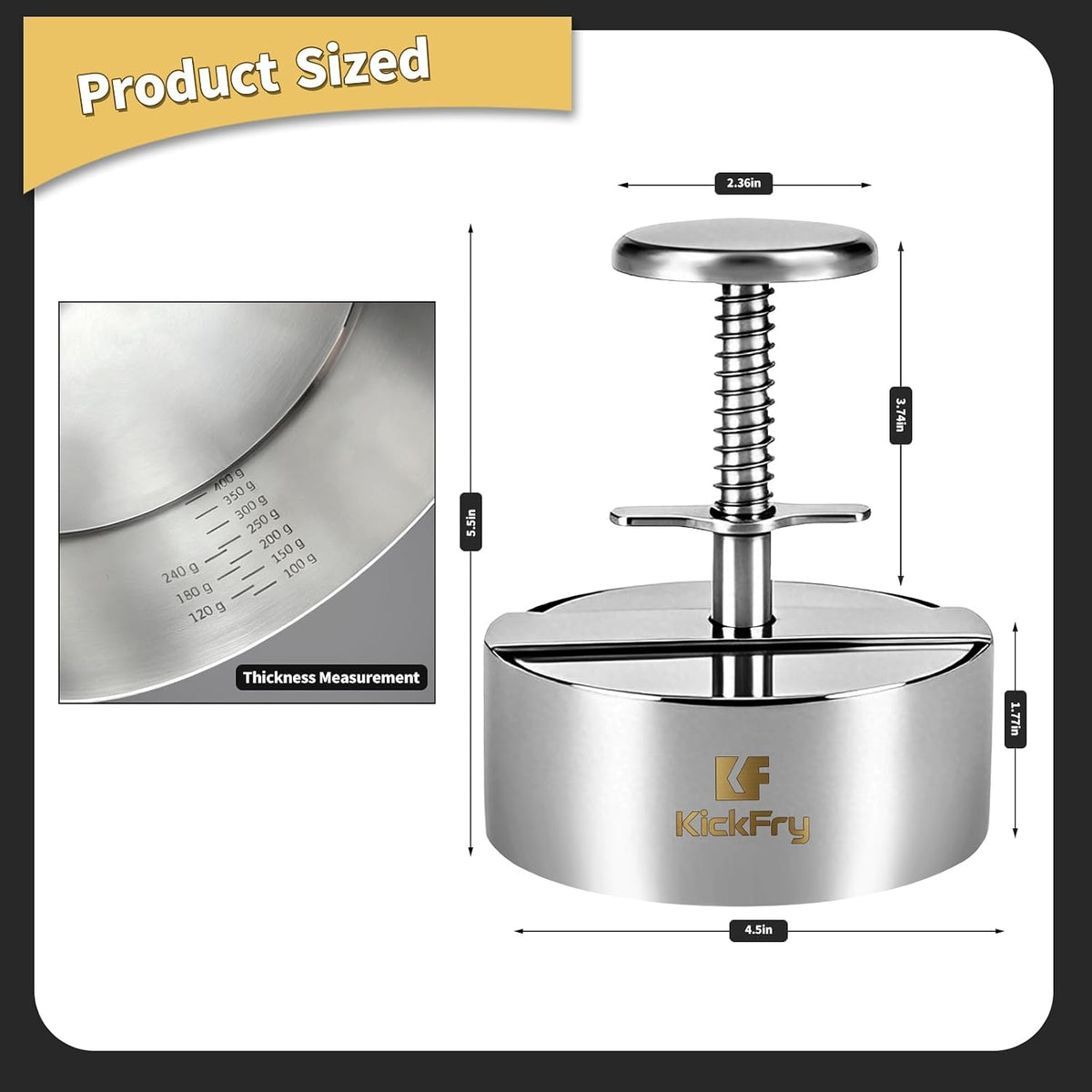 KickFry Hamburger Press Patty Maker - 4.5" Stainless Steel Patty Press Mold