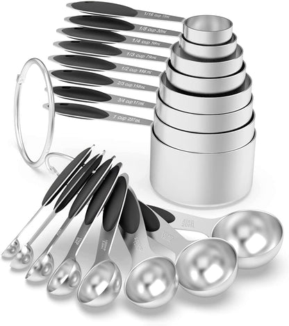 Wildone Stainless Measuring Cups and Spoons Set with Silicone Handle, 16pcs | 8 Measuring Cups and 8 Measuring Spoons, Nesting Design, Heavy Duty for Measuring Dry/Liquid Ingredients, Multicolor