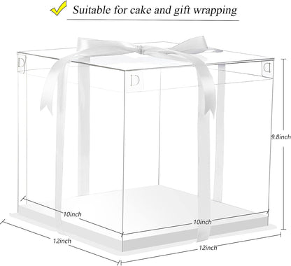 XININSUN 2Pcs Large Cake PET Clear Box, 10" X 10" X 9" with ribbon and pre-folded lid, for 8" cake packing carry, baking cookie display, Carry Tall Layer Gift, Festive Gift Box -White