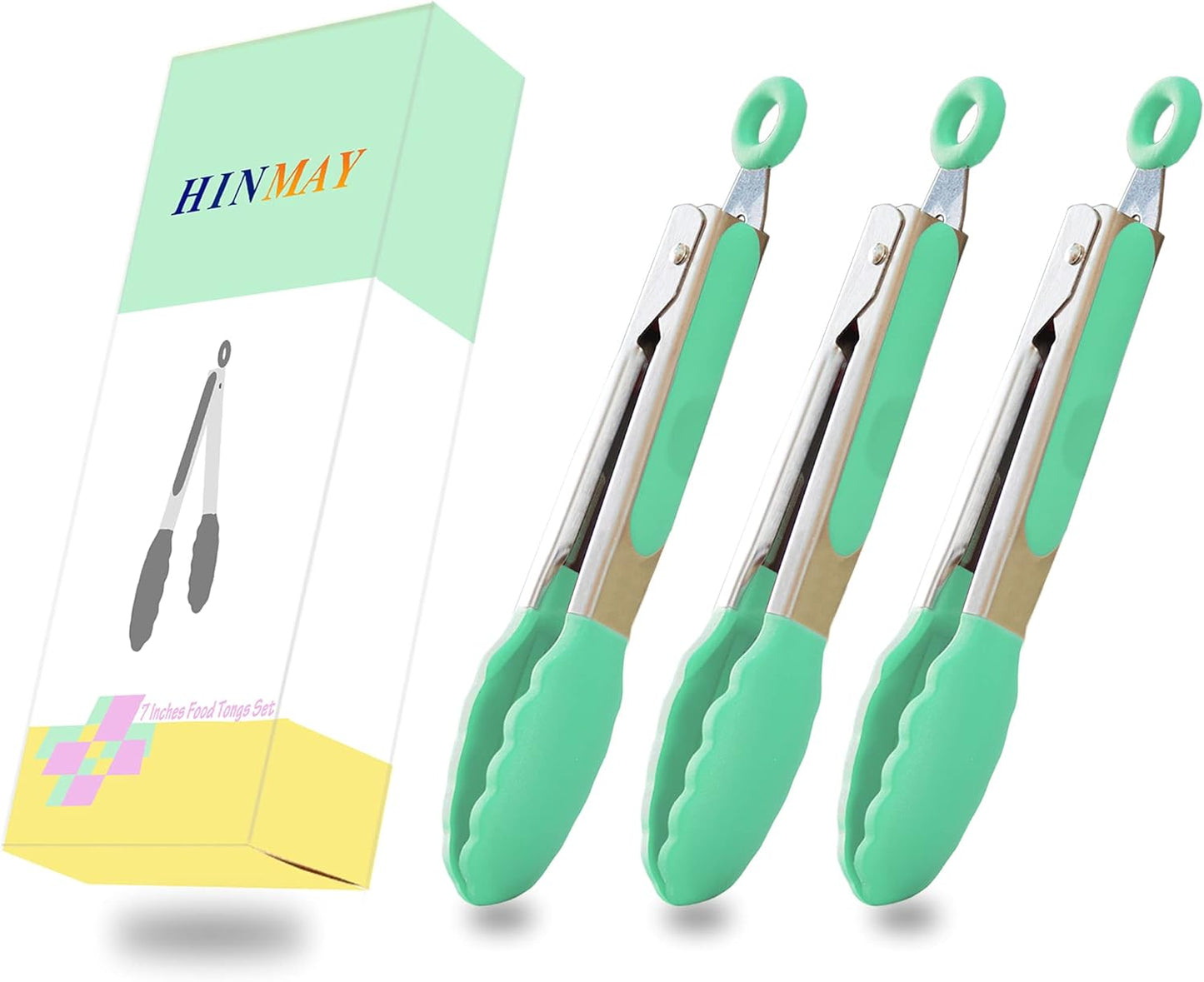 HINMAY Small Silicone Tongs 7-Inch Mini Serving Tongs, Set of 3 (Black Gray White)