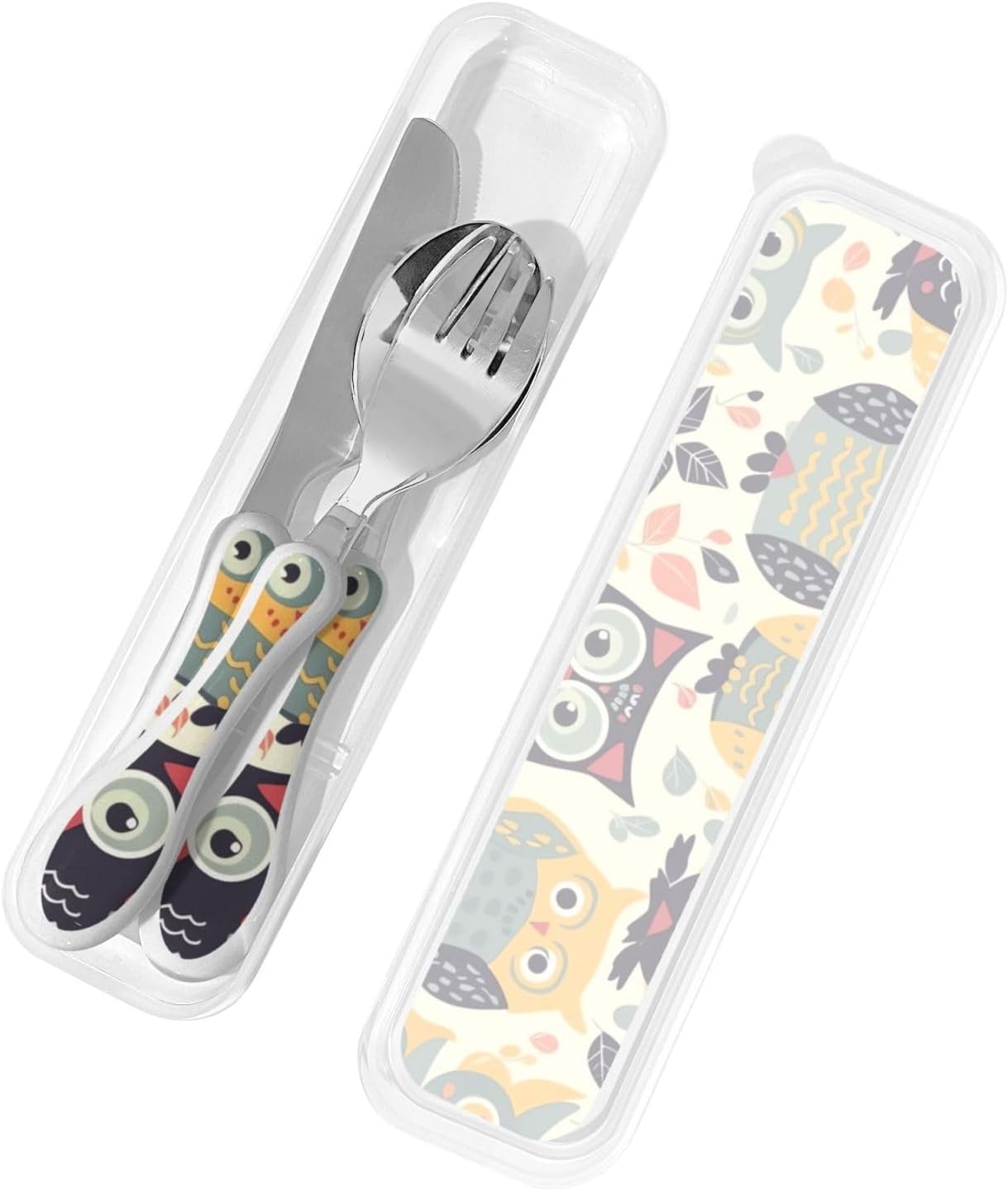 3-Piece Kids Silverware Set With Storage Case, Stainless Steel Reusable Children Safe Knife Spoon Fork Set Animal Cartoon Owls Cute Children Flatware Set For Kids Lunch Box