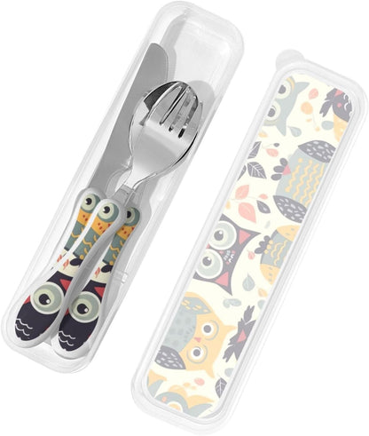 3-Piece Kids Silverware Set With Storage Case, Stainless Steel Reusable Children Safe Knife Spoon Fork Set Animal Cartoon Owls Cute Children Flatware Set For Kids Lunch Box