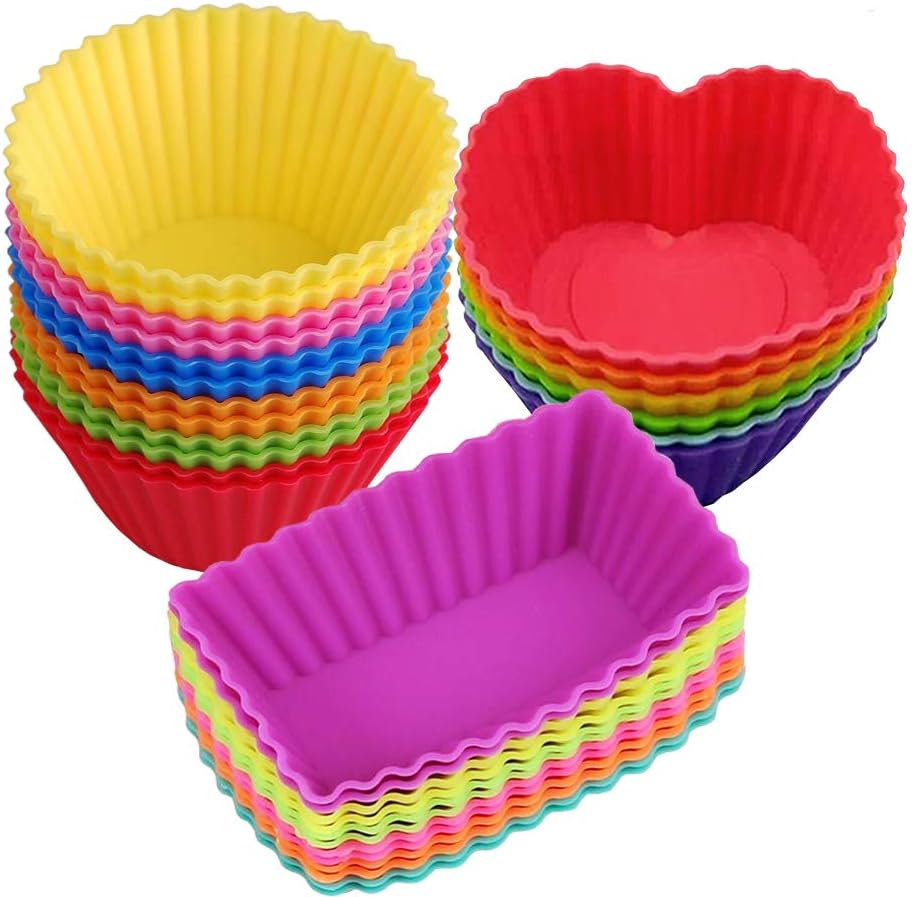 Silicone Cupcake Liners, Upgrades 36 Pack Reusable Baking Muffin Cups Nonstick 3 Shapes Pastry Cake Molds Bento Lunch Box Dividers