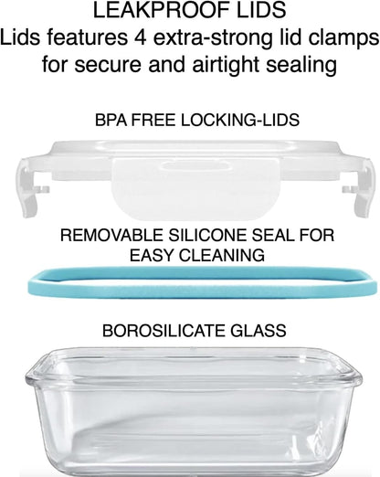 DURA LIVING Airtight Glass Food Storage Containers with Lids - 10 Piece Set, Borosilicate Glass Meal Prep Containers, Leak Proof, Oven Microwave Freezer Dishwasher Safe, BPA-Free