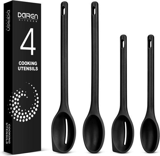 Silicone Cooking Spoons Set, Heat Resistant Kitchen Utensils, Non-Stick BPA Free Solid & Slotted Spoons for Mixing, Scooping, Draining, Serving, Basting (4 Pack) (RED)