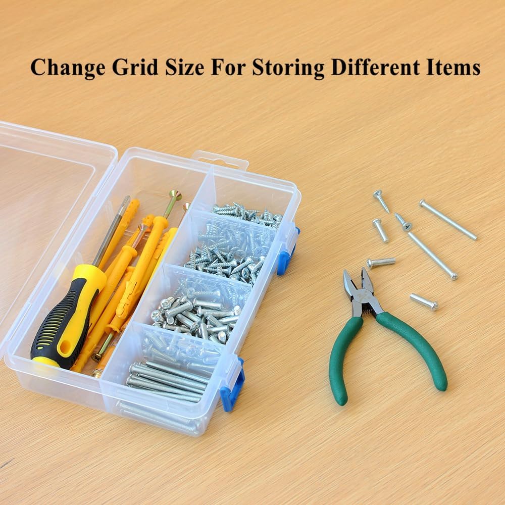 3 Pack Plastic Removable Divider Box and Storage Case for Small Parts, Hardware and Craft, 6 Grids, Clear