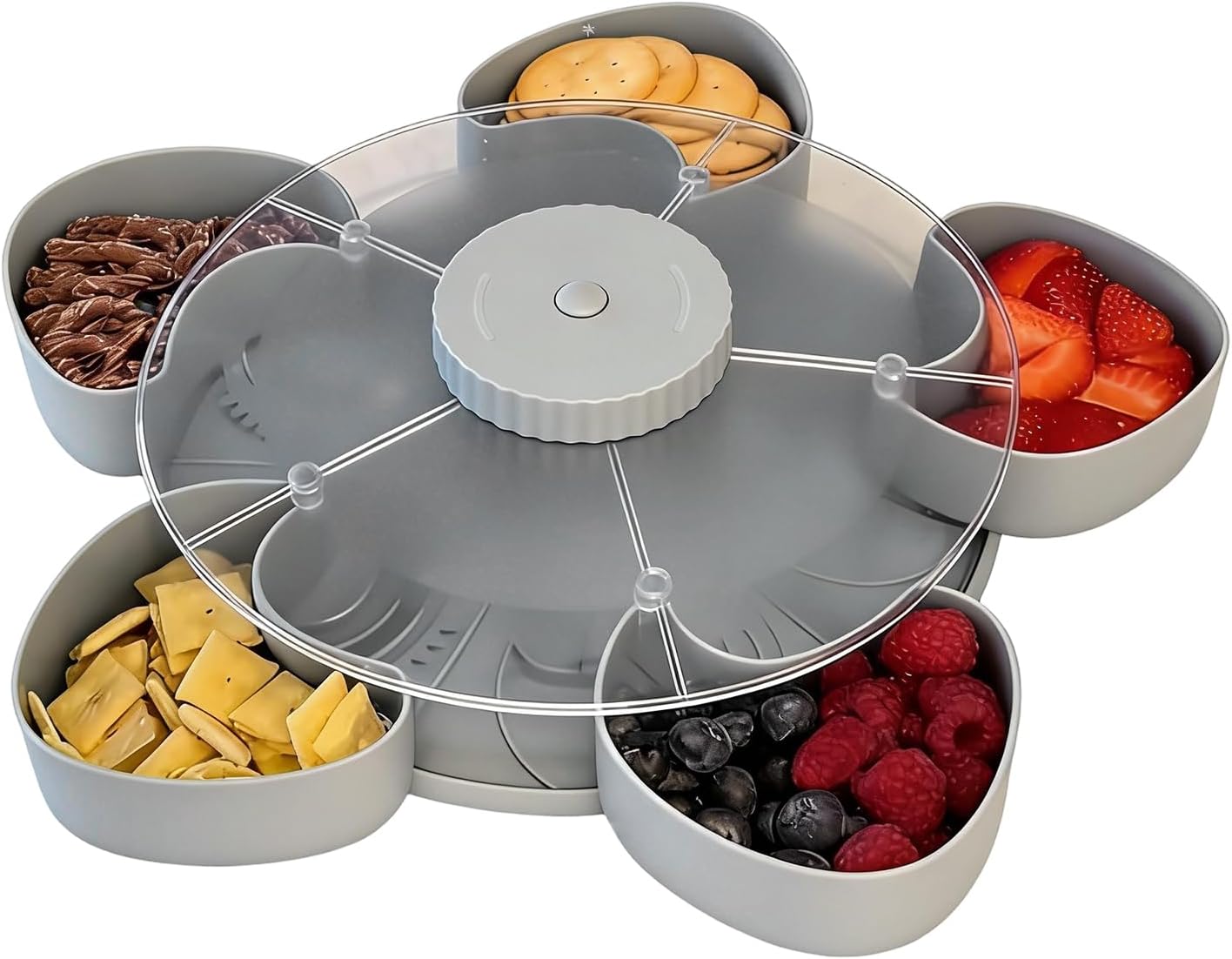 Snack Tray Lid - Rotating Divided Container, Non Slip with Party Base, Vegetable Fruit with Dipping Sauce, Serving Tray, Appetizer Picnic Snack Trays for Travel Dining Table Party Serving