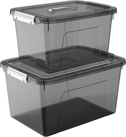 Plastic Storage Bins with Lids, 2 Pack Mixed Sizes (7 Qt, 16 Qt) Clear Black with Lid Stackable Organizer Boxes with Latches for Closet, Pantry, Bathroom, Office