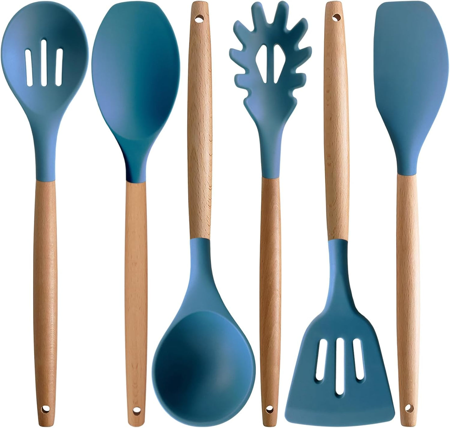 Kitchen Cooking Utensils Set, 6Pcs Silicone Kitchen Utensils Set Spatula Spoon Soup Ladle Turner, Heat Resistant Wooden Handle Silicone Cooking Gadgets for Nonstick Cookware & Baking BPA FREE