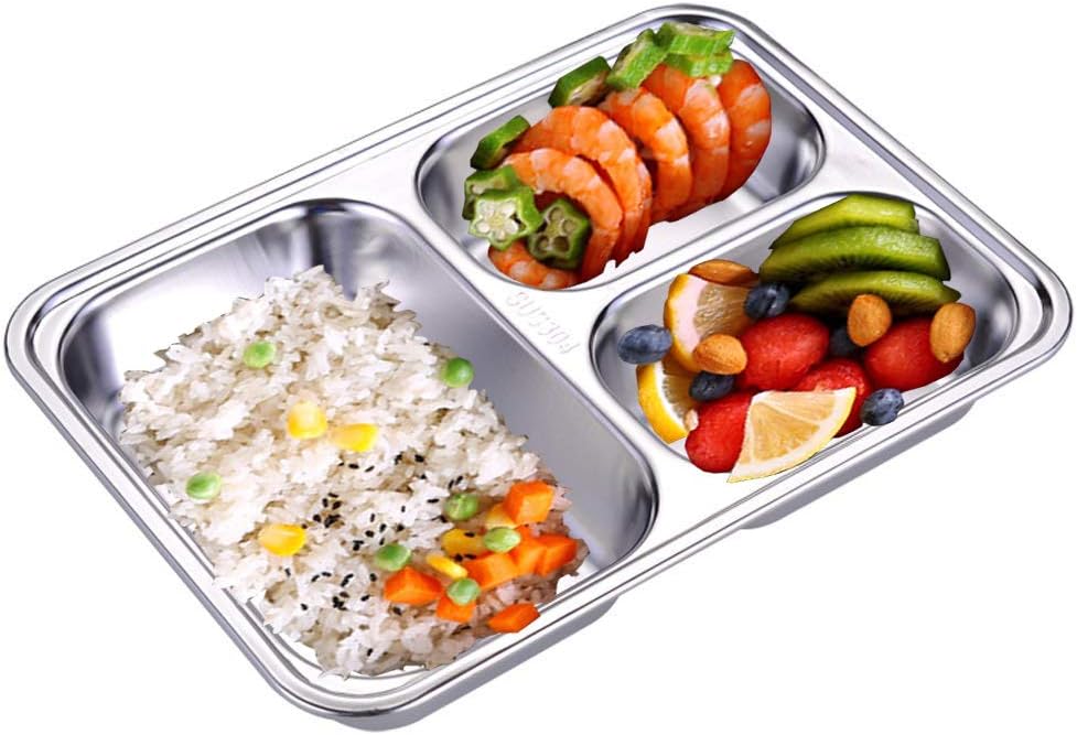 Set of 2 Stainless Steel Rectangular Divided Plates Tray 5 Sections Dinner Plates for Adults - Unbreakable Metal Plate for Campers, and Portion Control Reusable Plate